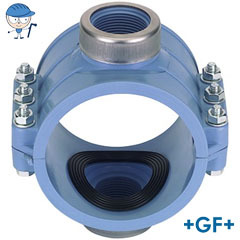 Double blue clamp saddles with stainless steel reinforcing ring, flat gasket and galvanized bolts and nuts